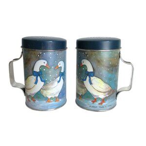 Vintage Winter Geese Salt & Pepper Shakers Set With Handles JSNY Tin Made In Chi